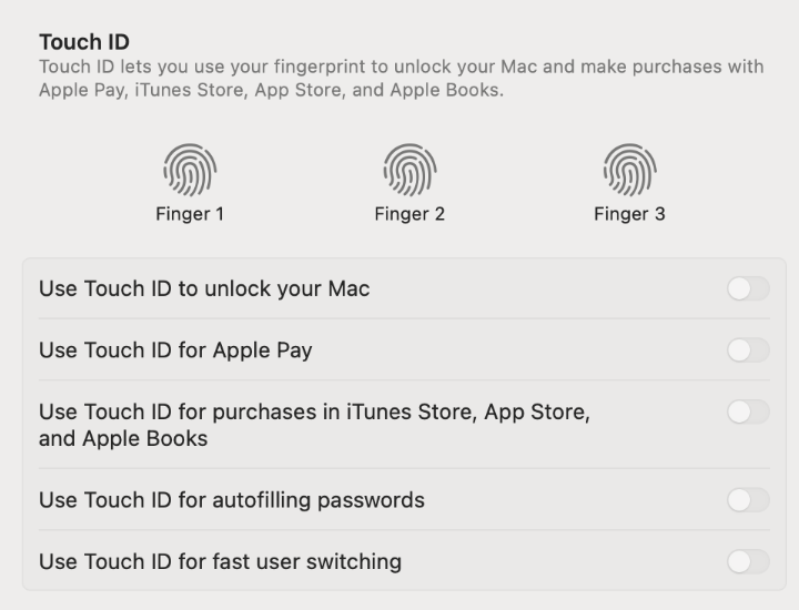 TouchID settings in MacOS settings